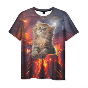 Мужская футболка 3D с принтом Кот на вулкане в Курске, 100% полиэфир | прямой крой, круглый вырез горловины, длина до линии бедер | вулкан | извержение | кот | котенок | лава | метеорит