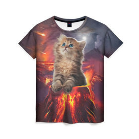 Женская футболка 3D с принтом Кот на вулкане в Курске, 100% полиэфир ( синтетическое хлопкоподобное полотно) | прямой крой, круглый вырез горловины, длина до линии бедер | вулкан | извержение | кот | котенок | лава | метеорит