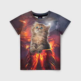 Детская футболка 3D с принтом Кот на вулкане в Курске, 100% гипоаллергенный полиэфир | прямой крой, круглый вырез горловины, длина до линии бедер, чуть спущенное плечо, ткань немного тянется | Тематика изображения на принте: вулкан | извержение | кот | котенок | лава | метеорит