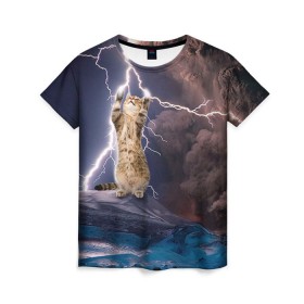 Женская футболка 3D с принтом Кот и молния в Курске, 100% полиэфир ( синтетическое хлопкоподобное полотно) | прямой крой, круглый вырез горловины, длина до линии бедер | буря | гроза | кот | котенок | молния | облака