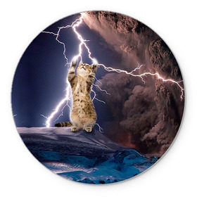 Коврик круглый с принтом Кот и молния в Курске, резина и полиэстер | круглая форма, изображение наносится на всю лицевую часть | буря | гроза | кот | котенок | молния | облака