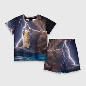 Детский костюм с шортами 3D с принтом Кот и молния в Курске,  |  | Тематика изображения на принте: буря | гроза | кот | котенок | молния | облака