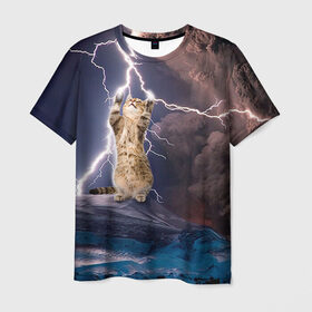 Мужская футболка 3D с принтом Кот и молния в Курске, 100% полиэфир | прямой крой, круглый вырез горловины, длина до линии бедер | буря | гроза | кот | котенок | молния | облака