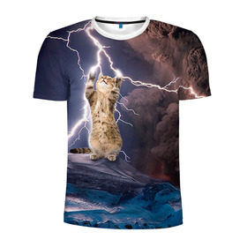 Мужская футболка 3D спортивная с принтом Кот и молния в Курске, 100% полиэстер с улучшенными характеристиками | приталенный силуэт, круглая горловина, широкие плечи, сужается к линии бедра | Тематика изображения на принте: буря | гроза | кот | котенок | молния | облака