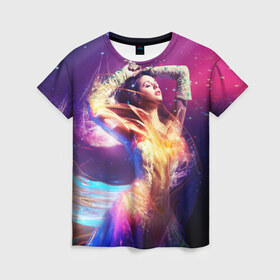 Женская футболка 3D с принтом Девушка в огнях в Курске, 100% полиэфир ( синтетическое хлопкоподобное полотно) | прямой крой, круглый вырез горловины, длина до линии бедер | девушка в огнях | звезды | космос | краски | цвет | яркие