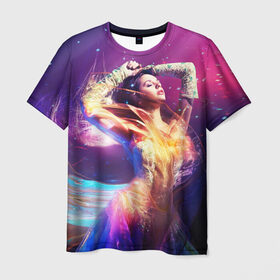 Мужская футболка 3D с принтом Девушка в огнях в Курске, 100% полиэфир | прямой крой, круглый вырез горловины, длина до линии бедер | девушка в огнях | звезды | космос | краски | цвет | яркие