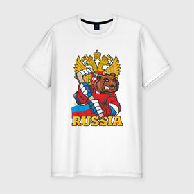Мужская футболка премиум с принтом Только Русский Хоккей! в Курске, 92% хлопок, 8% лайкра | приталенный силуэт, круглый вырез ворота, длина до линии бедра, короткий рукав | медведь | россия | русский | хоккей | чемпион | шайба