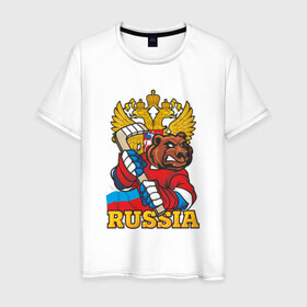 Мужская футболка хлопок с принтом Только Русский Хоккей! в Курске, 100% хлопок | прямой крой, круглый вырез горловины, длина до линии бедер, слегка спущенное плечо. | медведь | россия | русский | хоккей | чемпион | шайба