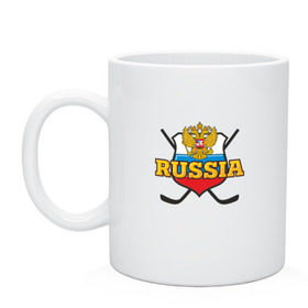 Кружка с принтом Hockey. Russian team. в Курске, керамика | объем — 330 мл, диаметр — 80 мм. Принт наносится на бока кружки, можно сделать два разных изображения | Тематика изображения на принте: клюшка | медведь | россия | русские | хоккей | шайба