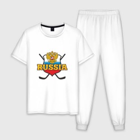 Мужская пижама хлопок с принтом Hockey. Russian team. в Курске, 100% хлопок | брюки и футболка прямого кроя, без карманов, на брюках мягкая резинка на поясе и по низу штанин
 | Тематика изображения на принте: клюшка | медведь | россия | русские | хоккей | шайба