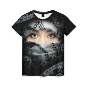 Женская футболка 3D с принтом Восточная девушка в Курске, 100% полиэфир ( синтетическое хлопкоподобное полотно) | прямой крой, круглый вырез горловины, длина до линии бедер | взгляд | восточная девушка | глаза | красивая | никаб | орнамент | узоры | хиджаб