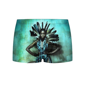 Мужские трусы 3D с принтом Африканская девушка в Курске, 50% хлопок, 50% полиэстер | классическая посадка, на поясе мягкая тканевая резинка | Тематика изображения на принте: африка | африканская девушка | в перьях | модель | перья