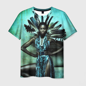 Мужская футболка 3D с принтом Африканская девушка в Курске, 100% полиэфир | прямой крой, круглый вырез горловины, длина до линии бедер | Тематика изображения на принте: африка | африканская девушка | в перьях | модель | перья