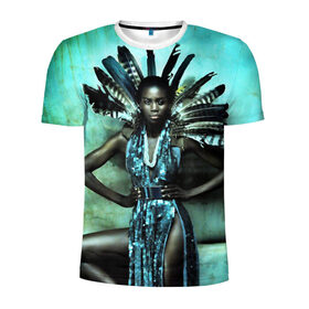 Мужская футболка 3D спортивная с принтом Африканская девушка в Курске, 100% полиэстер с улучшенными характеристиками | приталенный силуэт, круглая горловина, широкие плечи, сужается к линии бедра | Тематика изображения на принте: африка | африканская девушка | в перьях | модель | перья
