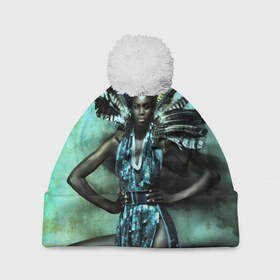 Шапка 3D c помпоном с принтом Африканская девушка в Курске, 100% полиэстер | универсальный размер, печать по всей поверхности изделия | африка | африканская девушка | в перьях | модель | перья