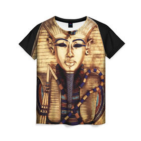 Женская футболка 3D с принтом Хатшепсут в Курске, 100% полиэфир ( синтетическое хлопкоподобное полотно) | прямой крой, круглый вырез горловины, длина до линии бедер | египет | женщина | золото | маска | фараон египта | хатшепсут