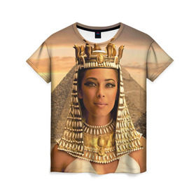 Женская футболка 3D с принтом Клеопатра в Курске, 100% полиэфир ( синтетическое хлопкоподобное полотно) | прямой крой, круглый вырез горловины, длина до линии бедер | Тематика изображения на принте: египет | египетская | закат | золото | клеопатра | корона | песок | пирамиды | пустыня | солнце | царица
