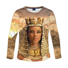 Женский лонгслив 3D с принтом Клеопатра в Курске, 100% полиэстер | длинные рукава, круглый вырез горловины, полуприлегающий силуэт | египет | египетская | закат | золото | клеопатра | корона | песок | пирамиды | пустыня | солнце | царица