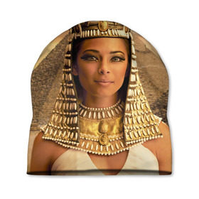 Шапка 3D с принтом Клеопатра в Курске, 100% полиэстер | универсальный размер, печать по всей поверхности изделия | Тематика изображения на принте: египет | египетская | закат | золото | клеопатра | корона | песок | пирамиды | пустыня | солнце | царица