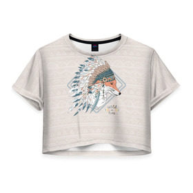 Женская футболка 3D укороченная с принтом Лиса в перьях в Курске, 100% полиэстер | круглая горловина, длина футболки до линии талии, рукава с отворотами | Тематика изображения на принте: лиса