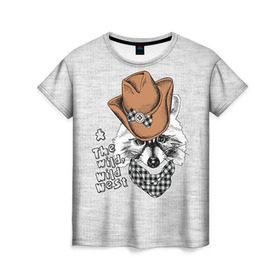 Женская футболка 3D с принтом Енот ковбой в Курске, 100% полиэфир ( синтетическое хлопкоподобное полотно) | прямой крой, круглый вырез горловины, длина до линии бедер | Тематика изображения на принте: енот
