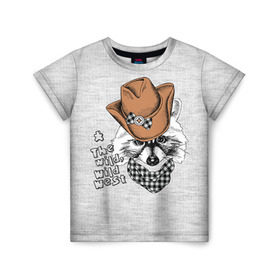 Детская футболка 3D с принтом Енот ковбой в Курске, 100% гипоаллергенный полиэфир | прямой крой, круглый вырез горловины, длина до линии бедер, чуть спущенное плечо, ткань немного тянется | Тематика изображения на принте: енот