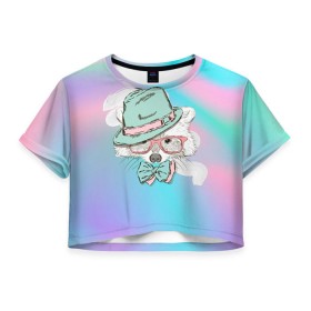 Женская футболка 3D укороченная с принтом Енот в шляпе в Курске, 100% полиэстер | круглая горловина, длина футболки до линии талии, рукава с отворотами | енот