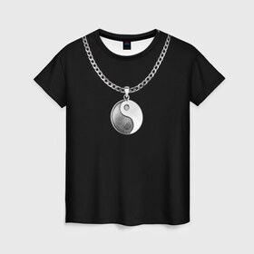 Женская футболка 3D с принтом Инь янь в Курске, 100% полиэфир ( синтетическое хлопкоподобное полотно) | прямой крой, круглый вырез горловины, длина до линии бедер | инь ян | медальон | цепь