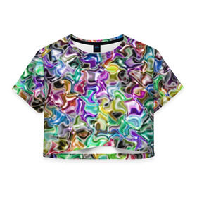 Женская футболка 3D укороченная с принтом Цветное безумие в Курске, 100% полиэстер | круглая горловина, длина футболки до линии талии, рукава с отворотами | Тематика изображения на принте: арт | дизайн | искусство | краски | мозаика | палитра | радуга | разные цвета | текстура | цветное безумие