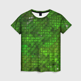 Женская футболка 3D с принтом Зелёные кубики в Курске, 100% полиэфир ( синтетическое хлопкоподобное полотно) | прямой крой, круглый вырез горловины, длина до линии бедер | дизайн | искусство | кубики | мозаика | поверхность | рельеф | стена | стиль | текстура | фон