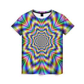 Женская футболка 3D с принтом Красочная иллюзия в Курске, 100% полиэфир ( синтетическое хлопкоподобное полотно) | прямой крой, круглый вырез горловины, длина до линии бедер | гипноз | движение | красочный фон | обман зрения | оптическая иллюзия | погружение | текстура | фокус