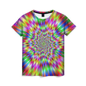 Женская футболка 3D с принтом Спектральная иллюзия в Курске, 100% полиэфир ( синтетическое хлопкоподобное полотно) | прямой крой, круглый вырез горловины, длина до линии бедер | взрыв | гипноз | движение | краски | красочный фон | обман зрения | оптическая иллюзия | погружение | текстура | фокус | цветовой спектр