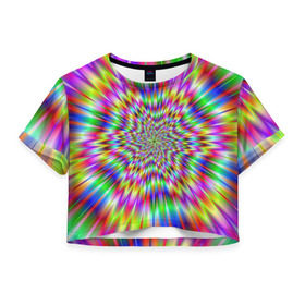 Женская футболка 3D укороченная с принтом Спектральная иллюзия в Курске, 100% полиэстер | круглая горловина, длина футболки до линии талии, рукава с отворотами | взрыв | гипноз | движение | краски | красочный фон | обман зрения | оптическая иллюзия | погружение | текстура | фокус | цветовой спектр