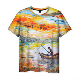 Мужская футболка 3D с принтом Рыбак на лодке в Курске, 100% полиэфир | прямой крой, круглый вырез горловины, длина до линии бедер | Тематика изображения на принте: грузило | карась | лодка | окунь | природа | река | рыбак | рыболов | снасти | туризм | щука
