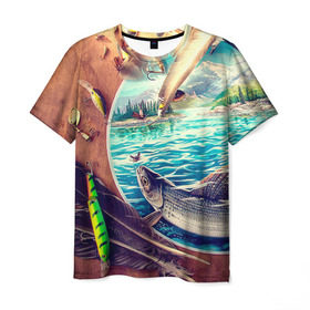 Мужская футболка 3D с принтом Рыбацкое в Курске, 100% полиэфир | прямой крой, круглый вырез горловины, длина до линии бедер | грузило | карась | лодка | окунь | природа | река | рыбак | рыболов | снасти | туризм | щука