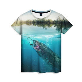 Женская футболка 3D с принтом Рыбалка в Курске, 100% полиэфир ( синтетическое хлопкоподобное полотно) | прямой крой, круглый вырез горловины, длина до линии бедер | грузило | карась | лодка | окунь | природа | река | рыбак | рыболов | снасти | туризм | щука