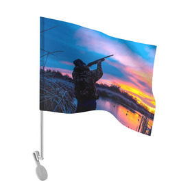 Флаг для автомобиля с принтом Охотник в Курске, 100% полиэстер | Размер: 30*21 см | капкан | оружие | охотник | охотники на привале | природа | рассвет | рога | ружье | трофей | туризм | чучело