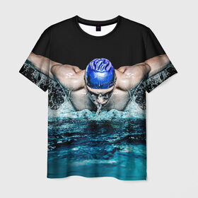 Мужская футболка 3D с принтом Пловец в Курске, 100% полиэфир | прямой крой, круглый вырез горловины, длина до линии бедер | 