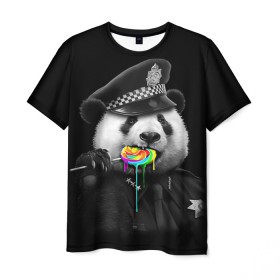 Мужская футболка 3D с принтом Панда и карамель в Курске, 100% полиэфир | прямой крой, круглый вырез горловины, длина до линии бедер | панда | черно белый