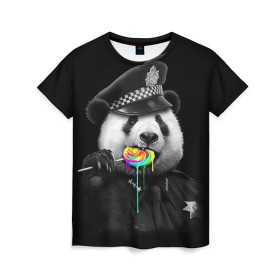 Женская футболка 3D с принтом Панда и карамель в Курске, 100% полиэфир ( синтетическое хлопкоподобное полотно) | прямой крой, круглый вырез горловины, длина до линии бедер | Тематика изображения на принте: панда | черно белый