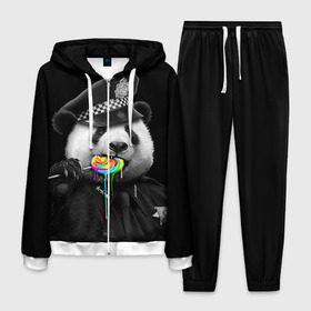 Мужской костюм 3D с принтом Панда и карамель в Курске, 100% полиэстер | Манжеты и пояс оформлены тканевой резинкой, двухслойный капюшон со шнурком для регулировки, карманы спереди | Тематика изображения на принте: панда | черно белый