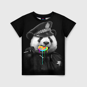 Детская футболка 3D с принтом Панда и карамель в Курске, 100% гипоаллергенный полиэфир | прямой крой, круглый вырез горловины, длина до линии бедер, чуть спущенное плечо, ткань немного тянется | панда | черно белый