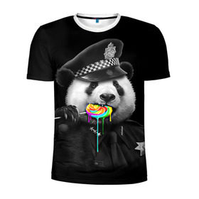 Мужская футболка 3D спортивная с принтом Панда и карамель в Курске, 100% полиэстер с улучшенными характеристиками | приталенный силуэт, круглая горловина, широкие плечи, сужается к линии бедра | панда | черно белый