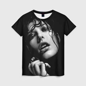 Женская футболка 3D с принтом Милла Йовович в Курске, 100% полиэфир ( синтетическое хлопкоподобное полотно) | прямой крой, круглый вырез горловины, длина до линии бедер | milla jovovich | американская актриса | милла йовович | модель | модельер | музыкант