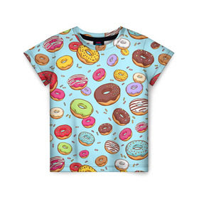 Детская футболка 3D с принтом Пончики Пончики в Курске, 100% гипоаллергенный полиэфир | прямой крой, круглый вырез горловины, длина до линии бедер, чуть спущенное плечо, ткань немного тянется | Тематика изображения на принте: пончик