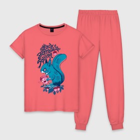 Женская пижама хлопок с принтом Zombie Squirrel в Курске, 100% хлопок | брюки и футболка прямого кроя, без карманов, на брюках мягкая резинка на поясе и по низу штанин | squirrel | zombie | белка | зомби