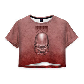 Женская футболка 3D укороченная с принтом Демон (Doom classic) в Курске, 100% полиэстер | круглая горловина, длина футболки до линии талии, рукава с отворотами | Тематика изображения на принте: розовый | скелет | череп