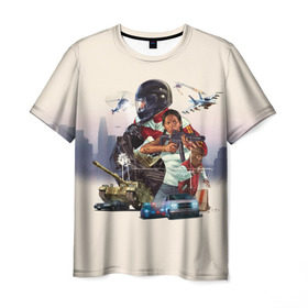 Мужская футболка 3D с принтом GTA 5 в Курске, 100% полиэфир | прямой крой, круглый вырез горловины, длина до линии бедер | Тематика изображения на принте: auto | grand | gta | online | theft | гта
