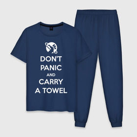 Мужская пижама хлопок с принтом Dont panic в Курске, 100% хлопок | брюки и футболка прямого кроя, без карманов, на брюках мягкая резинка на поясе и по низу штанин
 | Тематика изображения на принте: автостопом по галактике