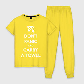 Женская пижама хлопок с принтом Dont panic в Курске, 100% хлопок | брюки и футболка прямого кроя, без карманов, на брюках мягкая резинка на поясе и по низу штанин | автостопом по галактике